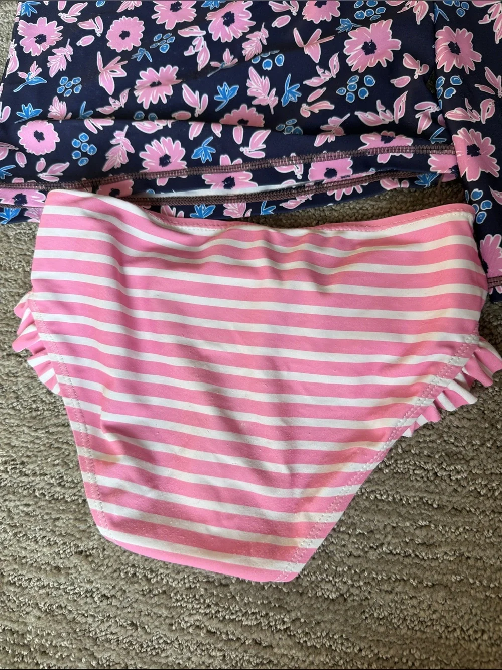Kids Floral Long-Sleeve Rash Guard Swim Top and Pink Stripe Bottoms